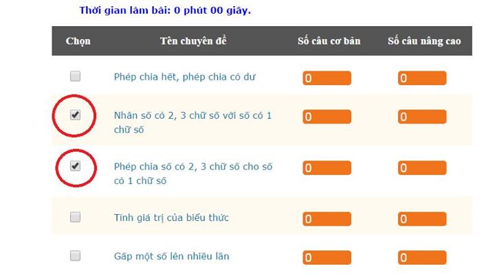 Màn hình tích chọn các chuyên đề muốn luyện tập