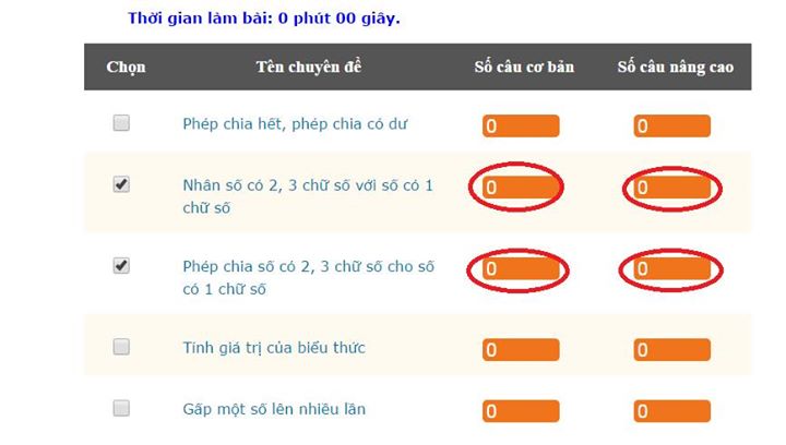 Màn hình nhập số câu cơ bản và số câu nâng cao của mỗi chuyên đề