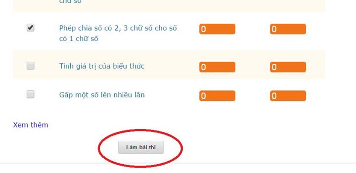 Nút Làm bài thi ở cuối trang chọn chuyên đề
