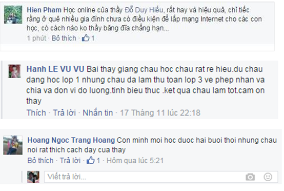 Bình luận của phụ huynh dưới video bài giảng của thầy Hiếu
