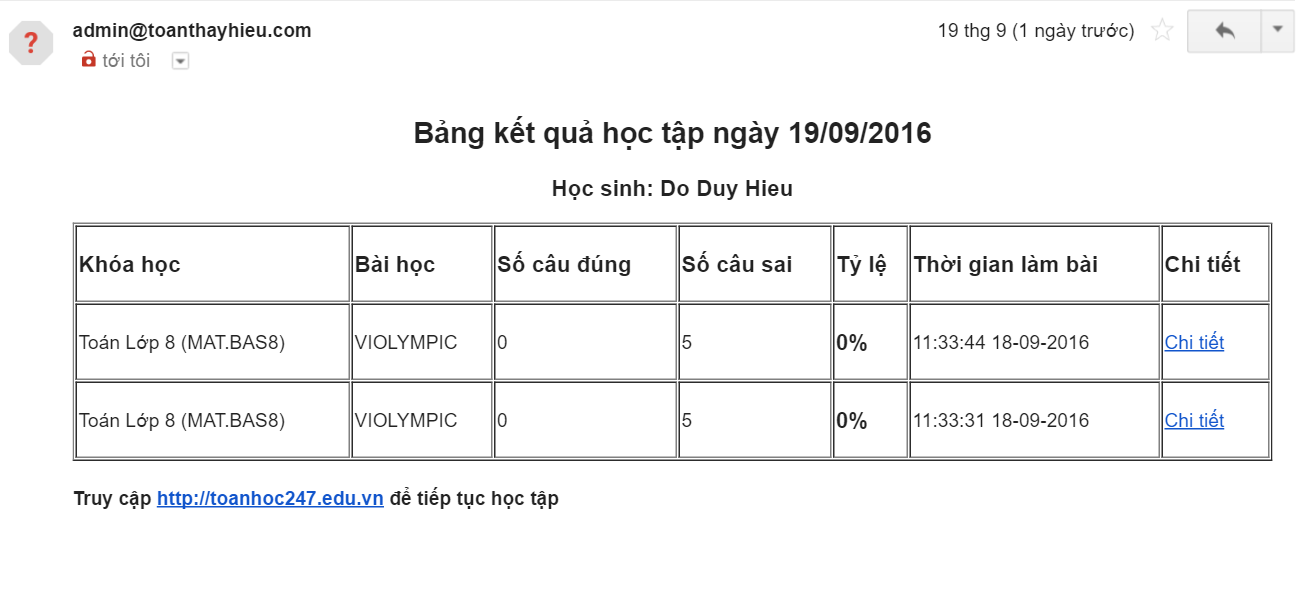 Email bảng kết quả học tập hằng ngày gửi cho phụ huynh