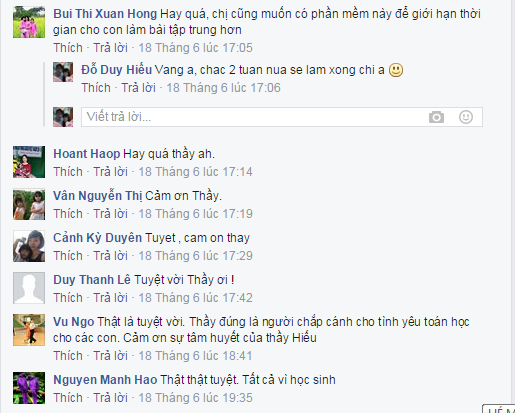 Bình luận của phụ huynh khen phần mềm và bài giảng của thầy Hiếu